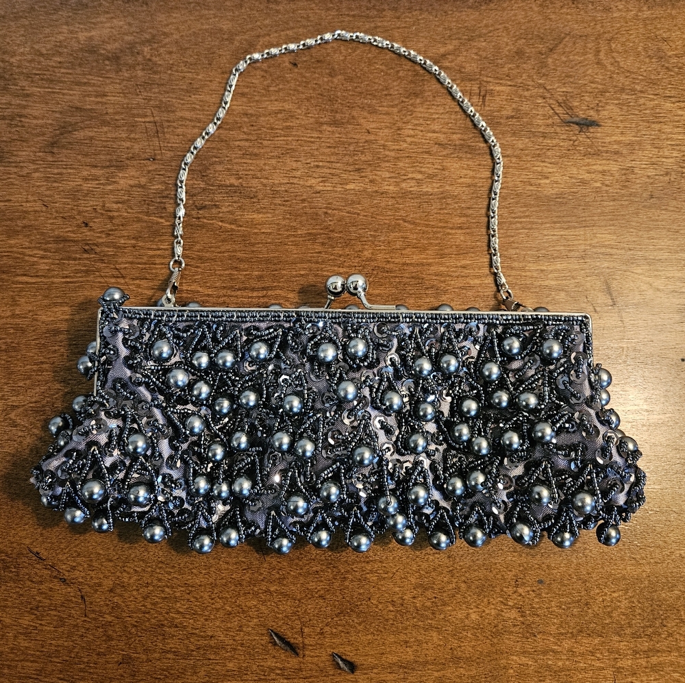 Lapis Blue Satin Beaded Purse Bag